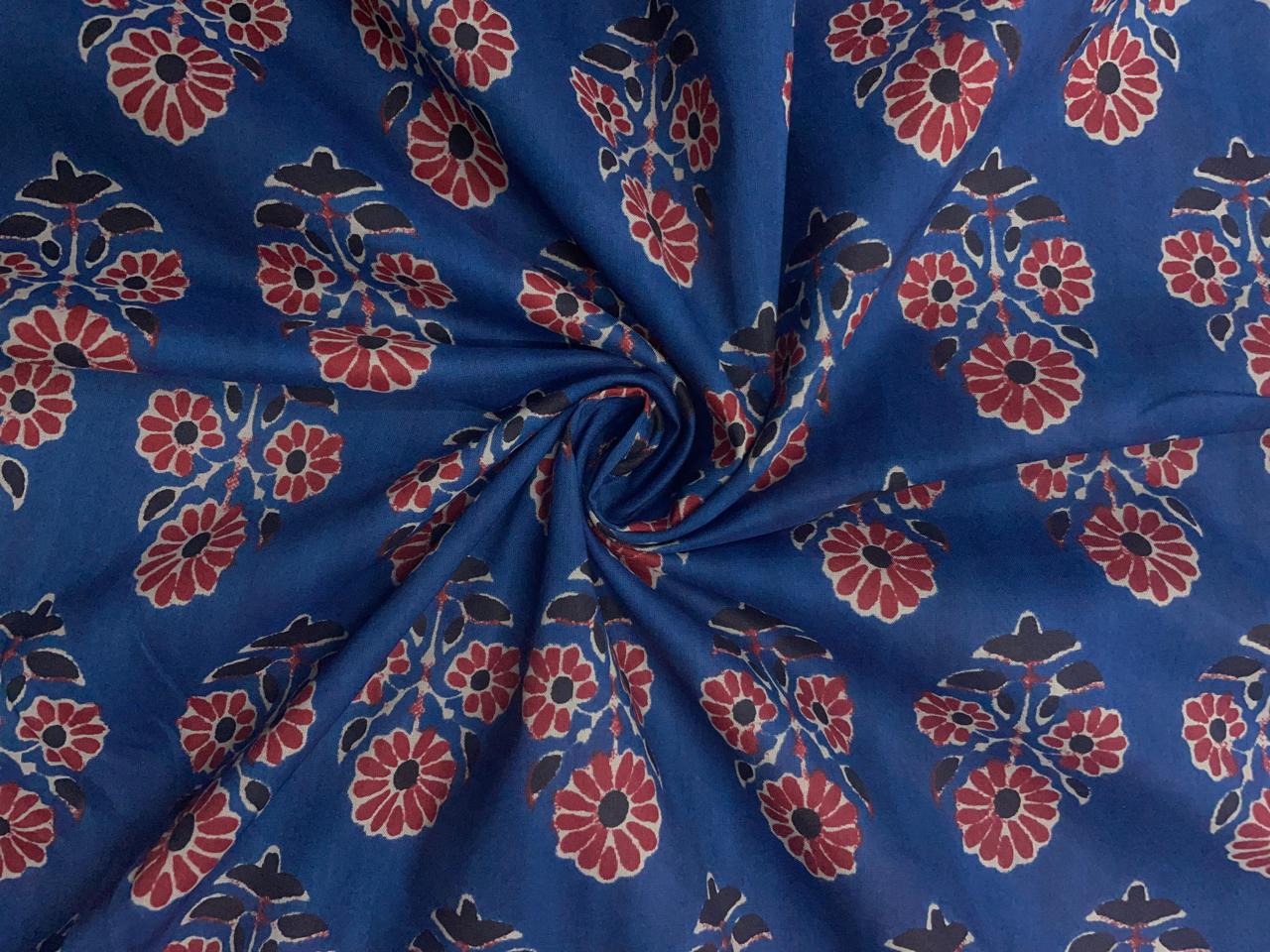 Lapis Blue Floral Cotton Cambric Modal Fabric - Kapda Shop
