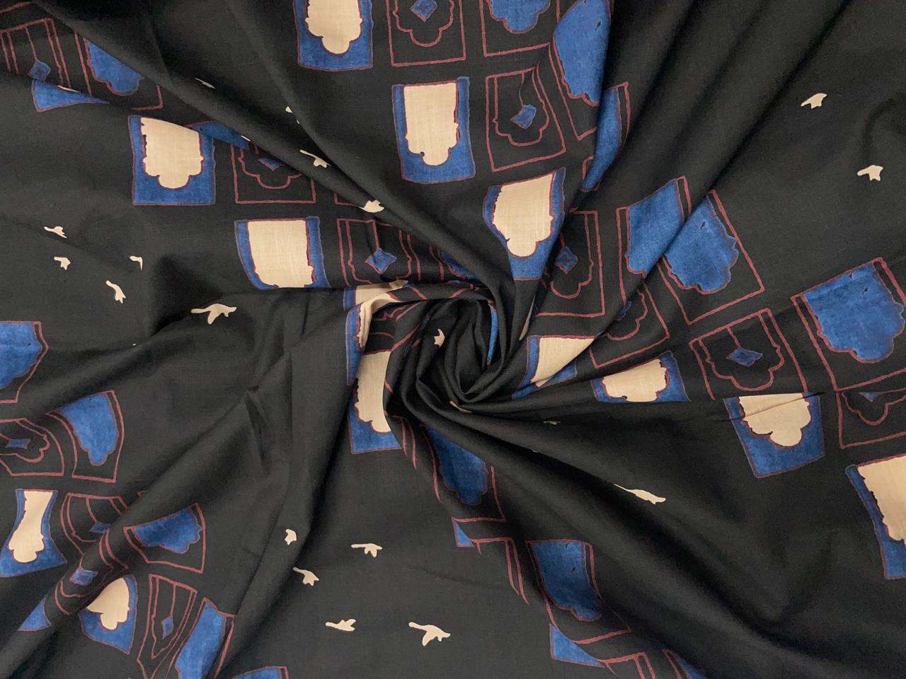 Black Geometric Cotton Cambric Fabric - Kapda Shop