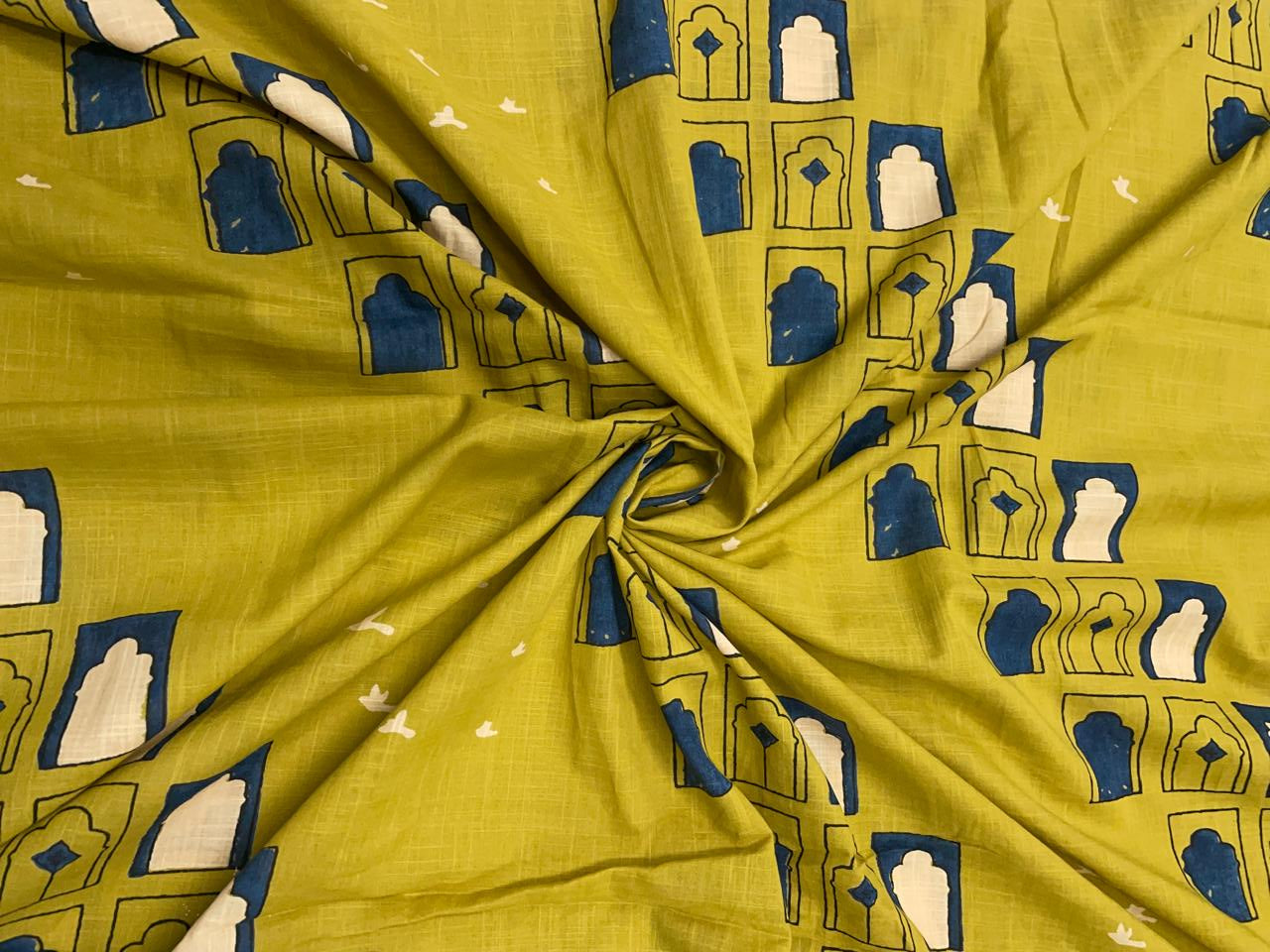 Mustard Geometric Cotton Cambric Fabric - Kapda Shop