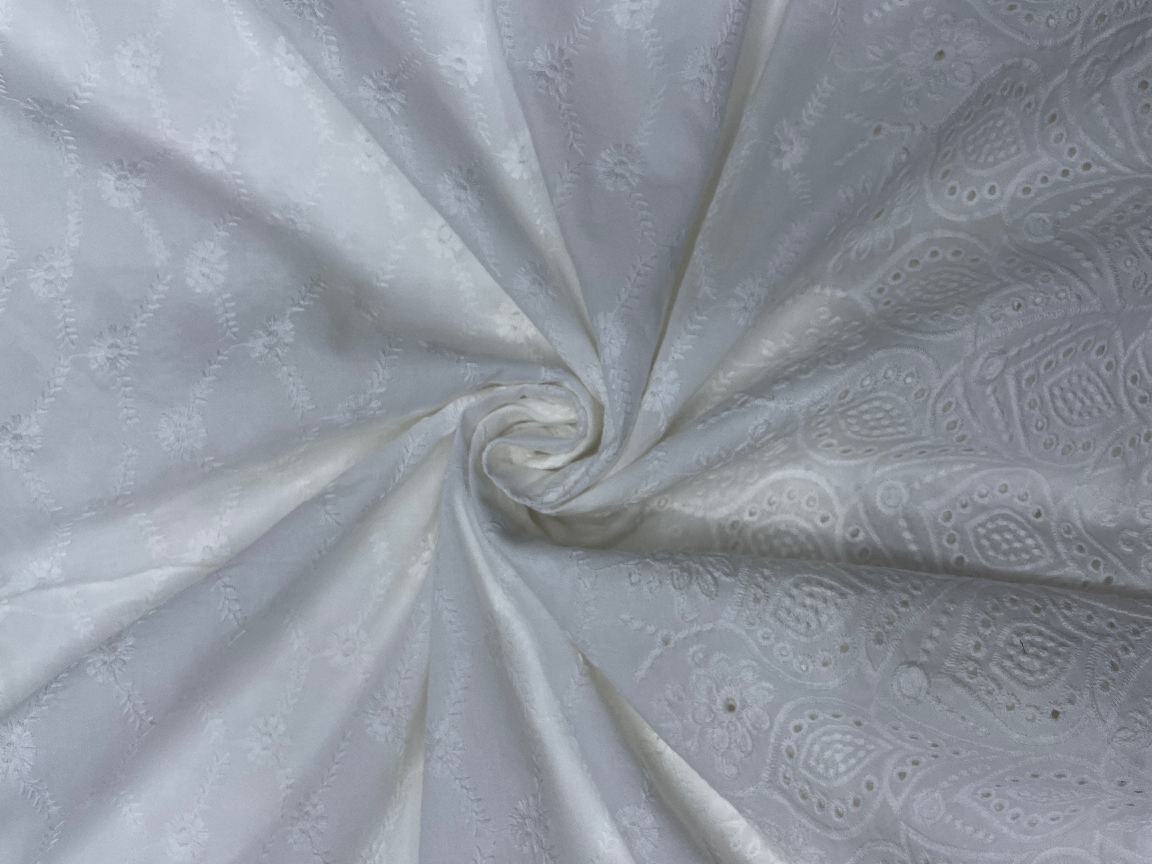 White Border Flora Cotton Hakoba Chikan Fabric - Kapda Shop