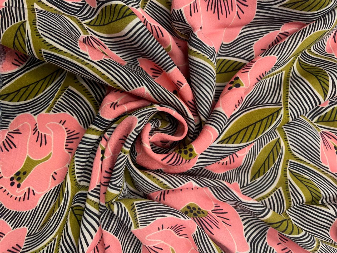 Mehndi Green Pink Floral Double Georgette Fabric - Kapda Shop