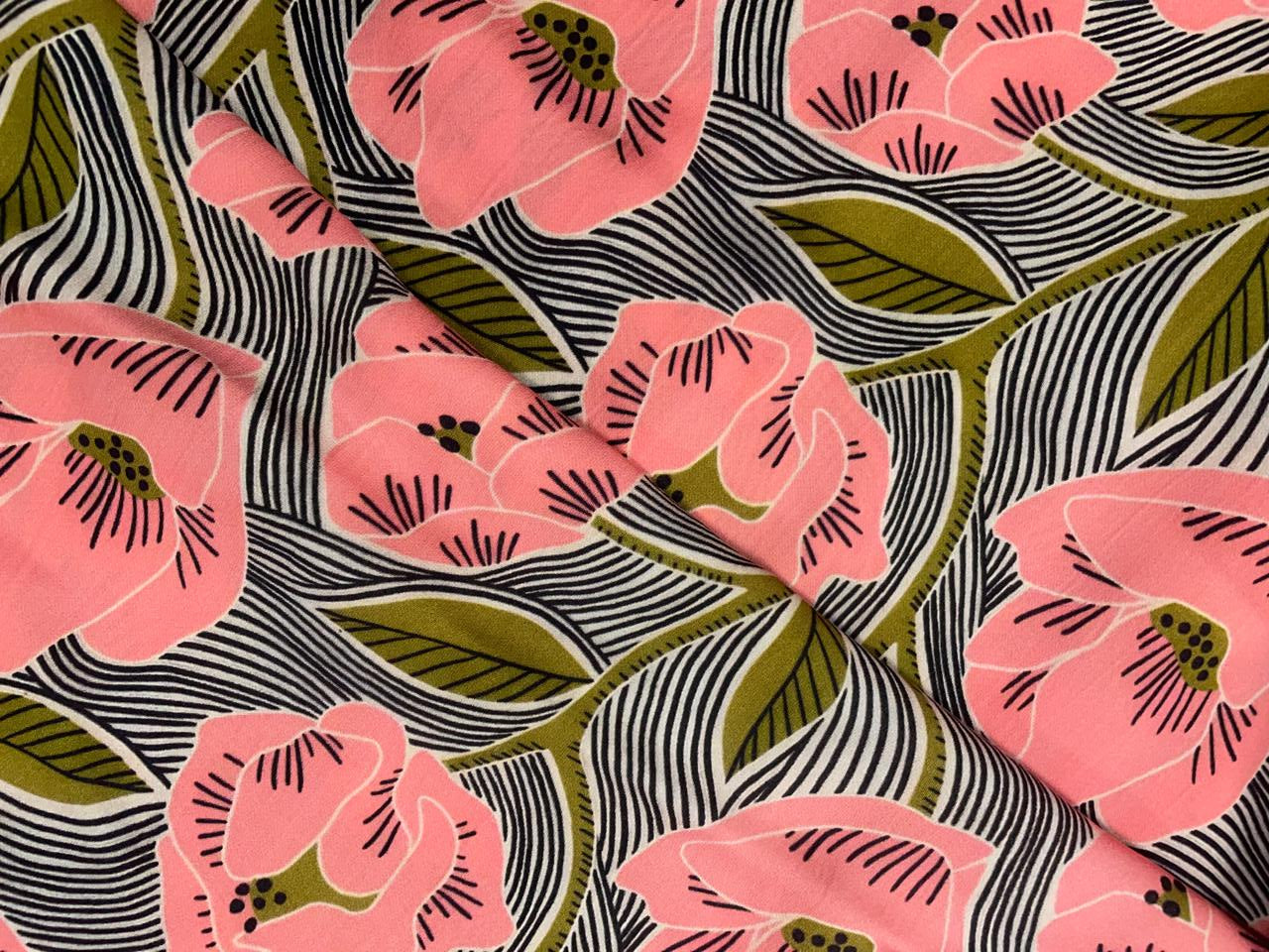 Mehndi Green Pink Floral Double Georgette Fabric - Kapda Shop