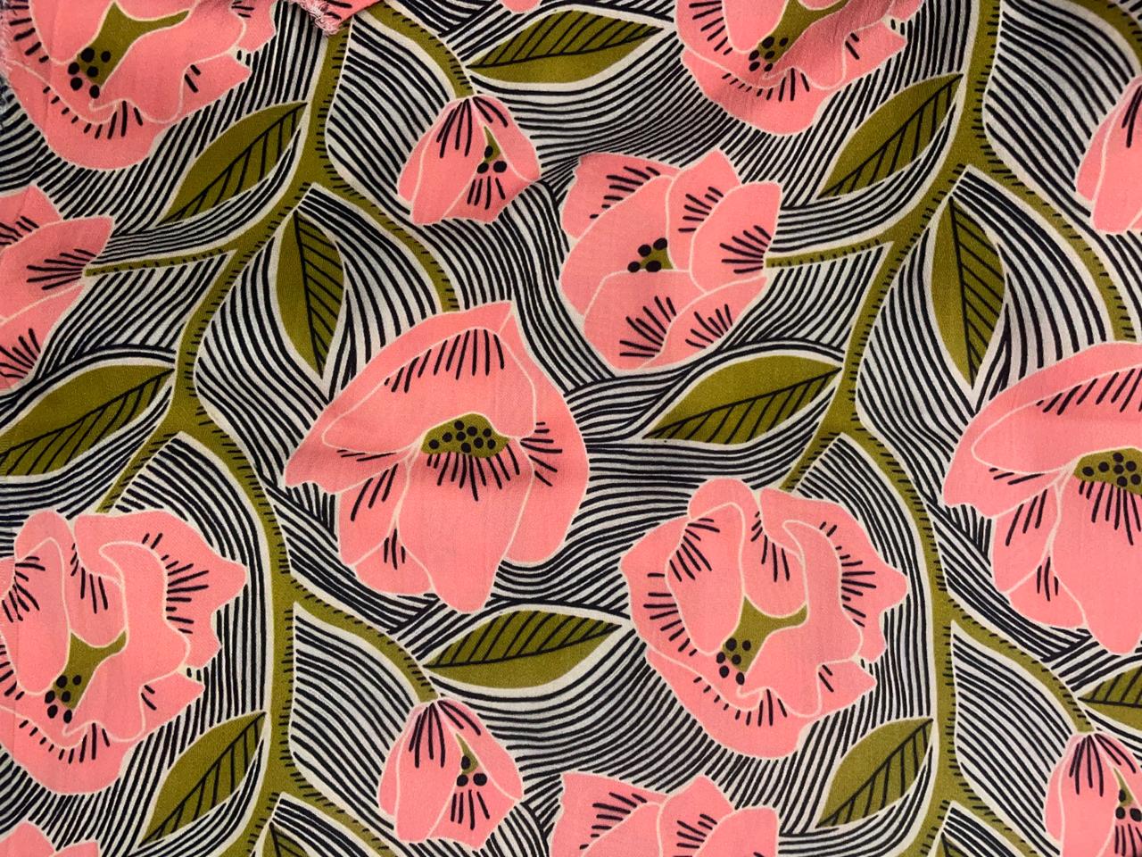 Mehndi Green Pink Floral Double Georgette Fabric - Kapda Shop