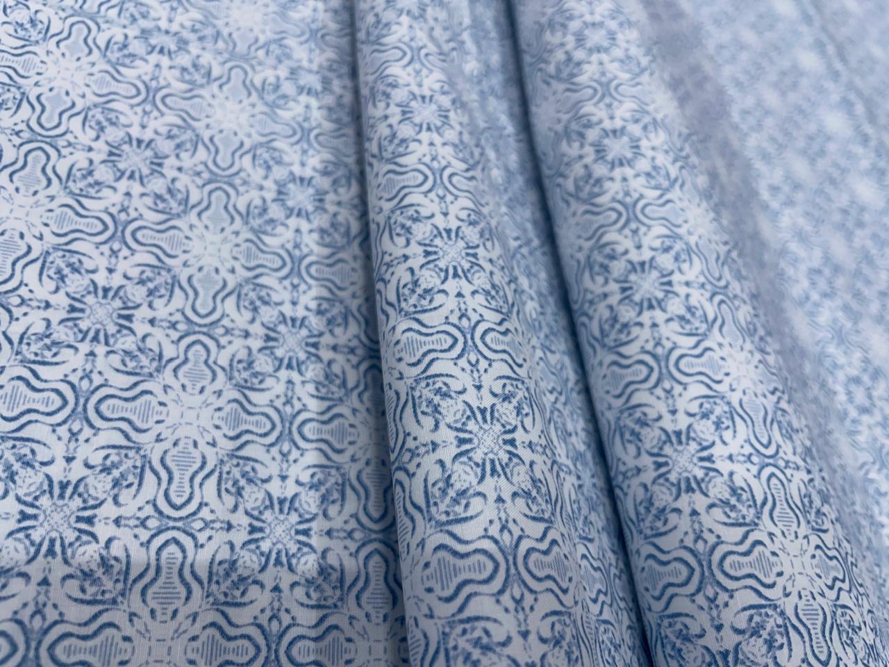White & Blue Geometric Giza Pure Cotton Shirting Fabric - Kapda Shop