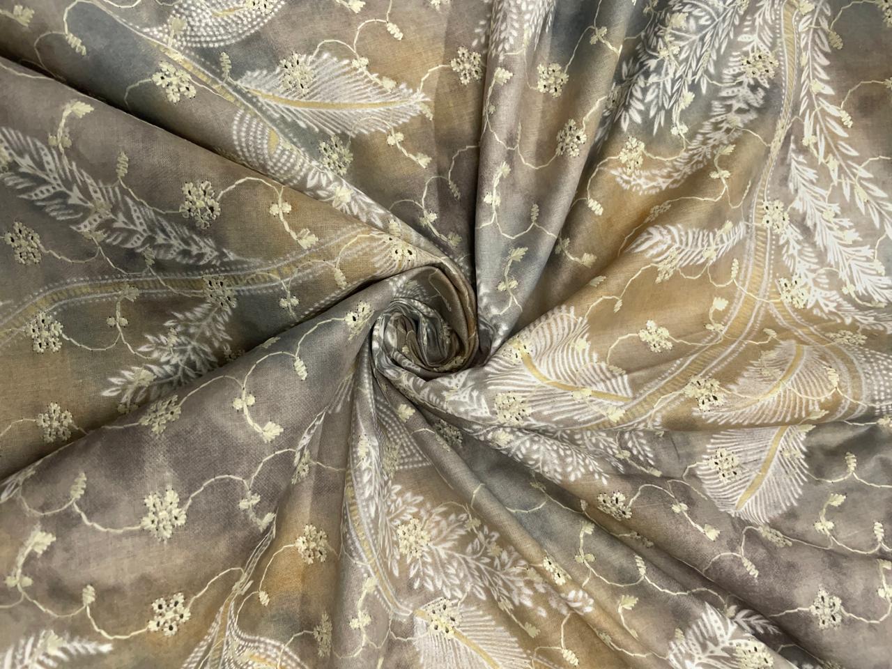 Grey Floral Cotton Hakoba Chikan Fabric - Kapda Shop