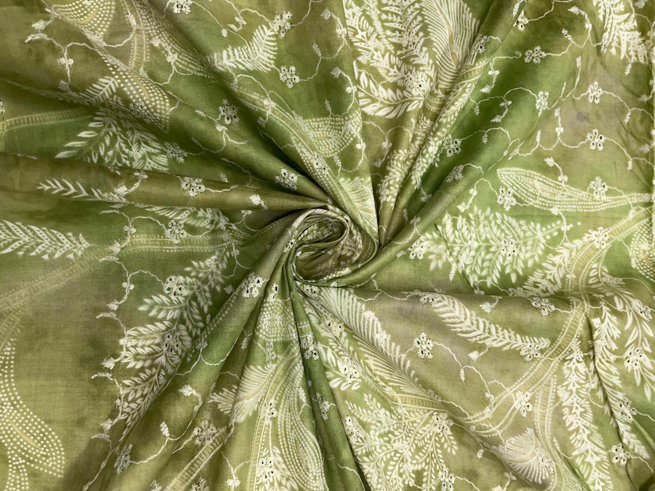 Green Floral Cotton Hakoba Chikan Fabric - Kapda Shop