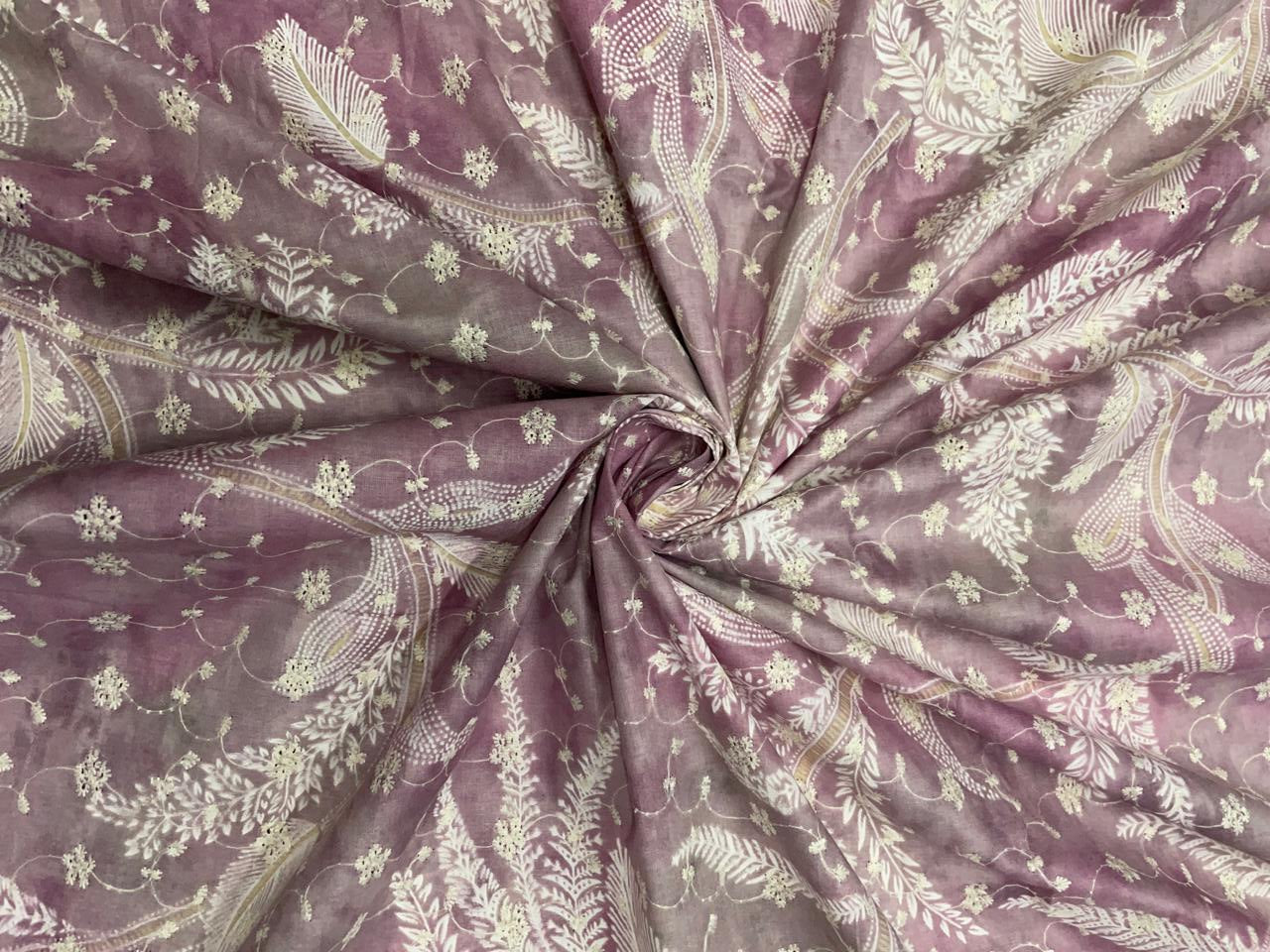 Lilac Floral Cotton Hakoba Chikan Fabric - Kapda Shop