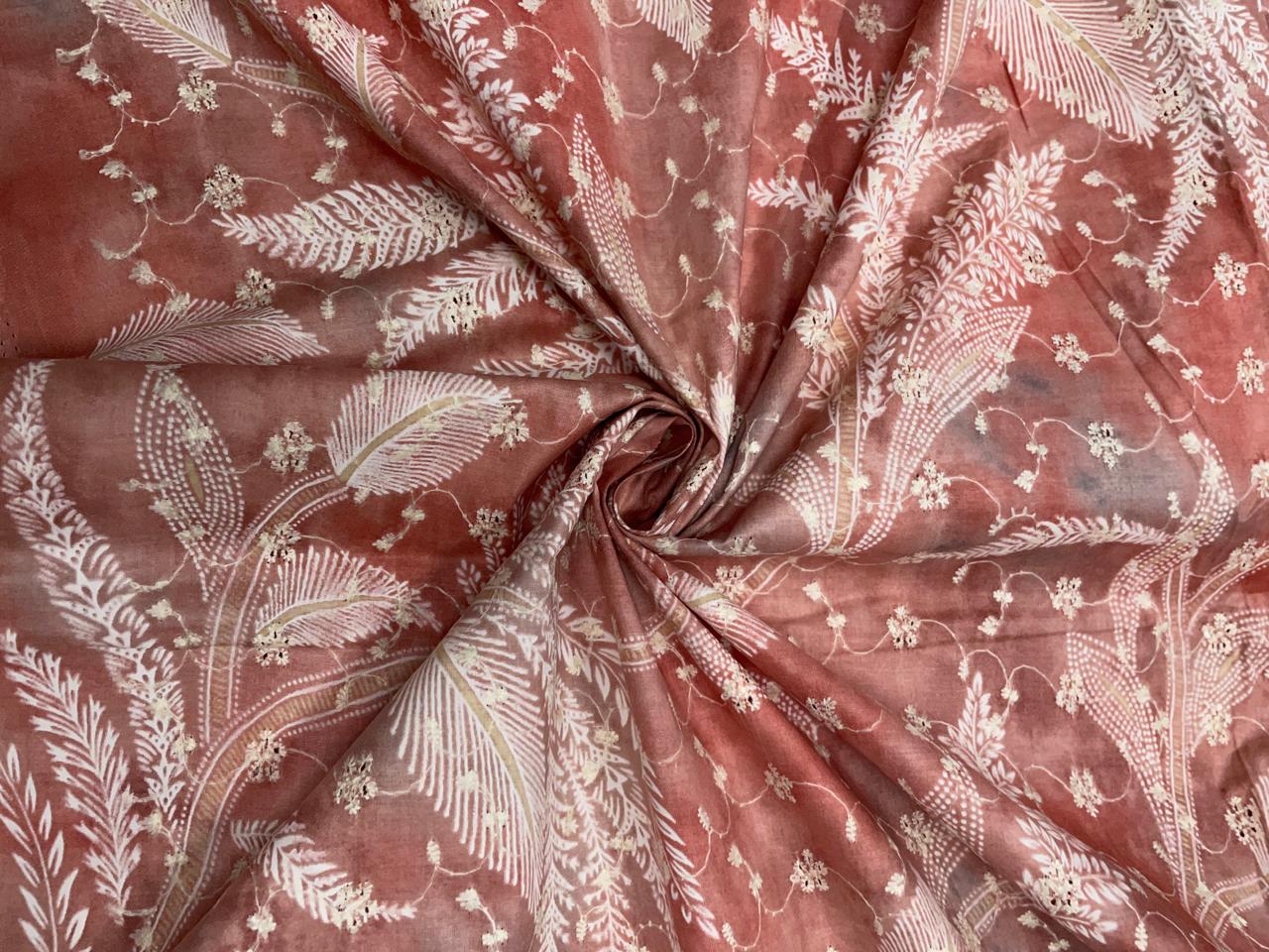 Coral Floral Cotton Hakoba Chikan Fabric - Kapda Shop