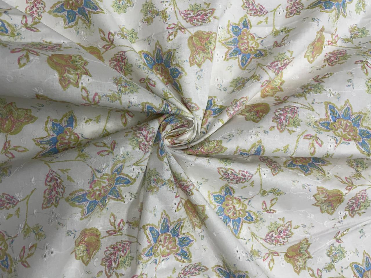 Yellow & White Floral Cotton Hakoba Chikan Fabric - Kapda Shop