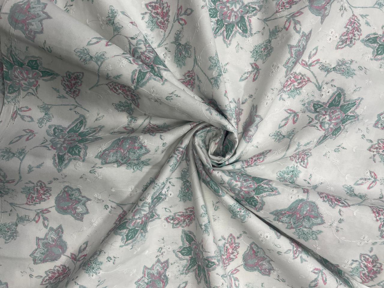 Sea Green Floral Cotton Hakoba Chikan Fabric - Kapda Shop