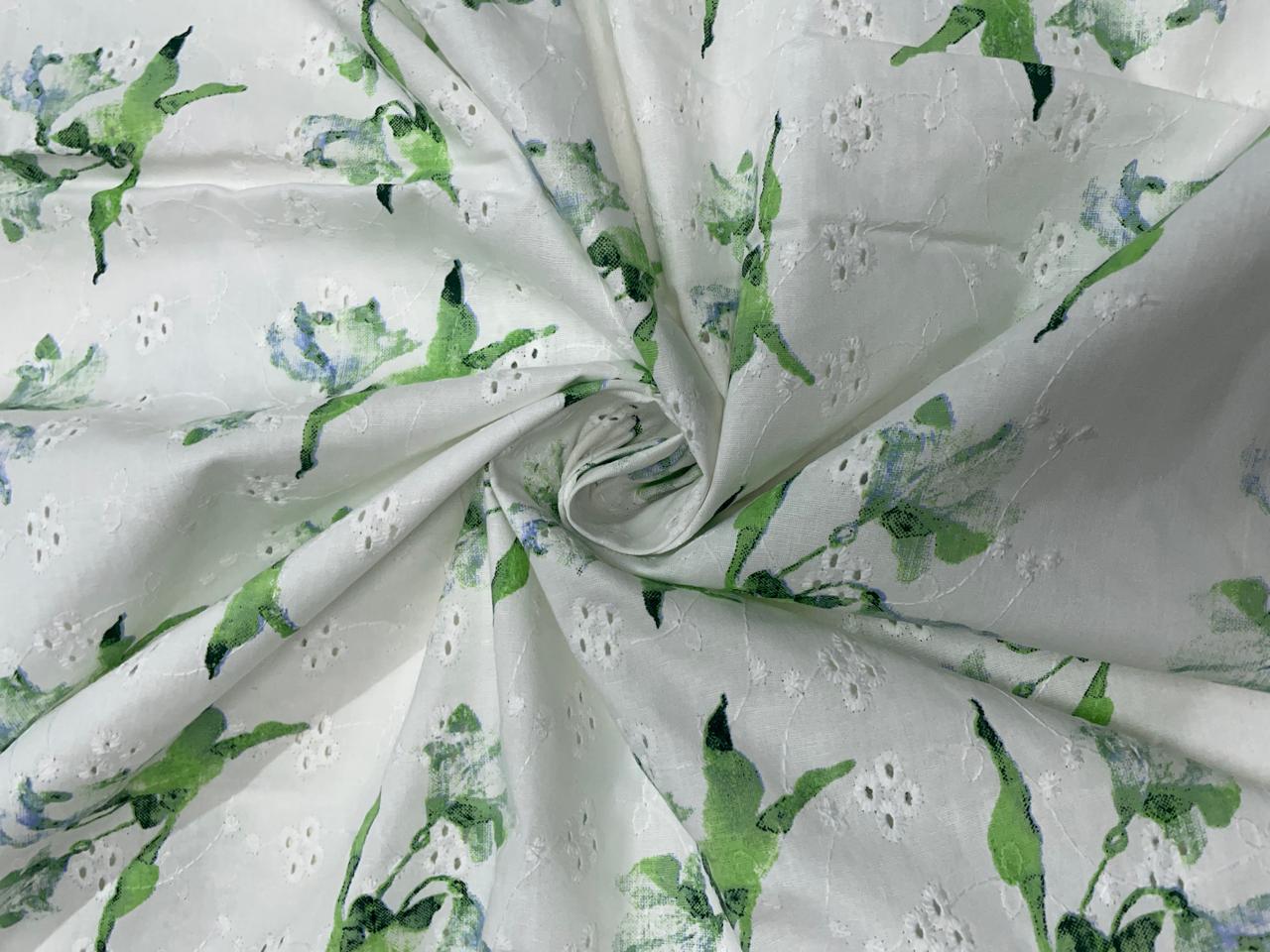 White & Green Floral Cotton Hakoba Chikan Fabric - Kapda Shop