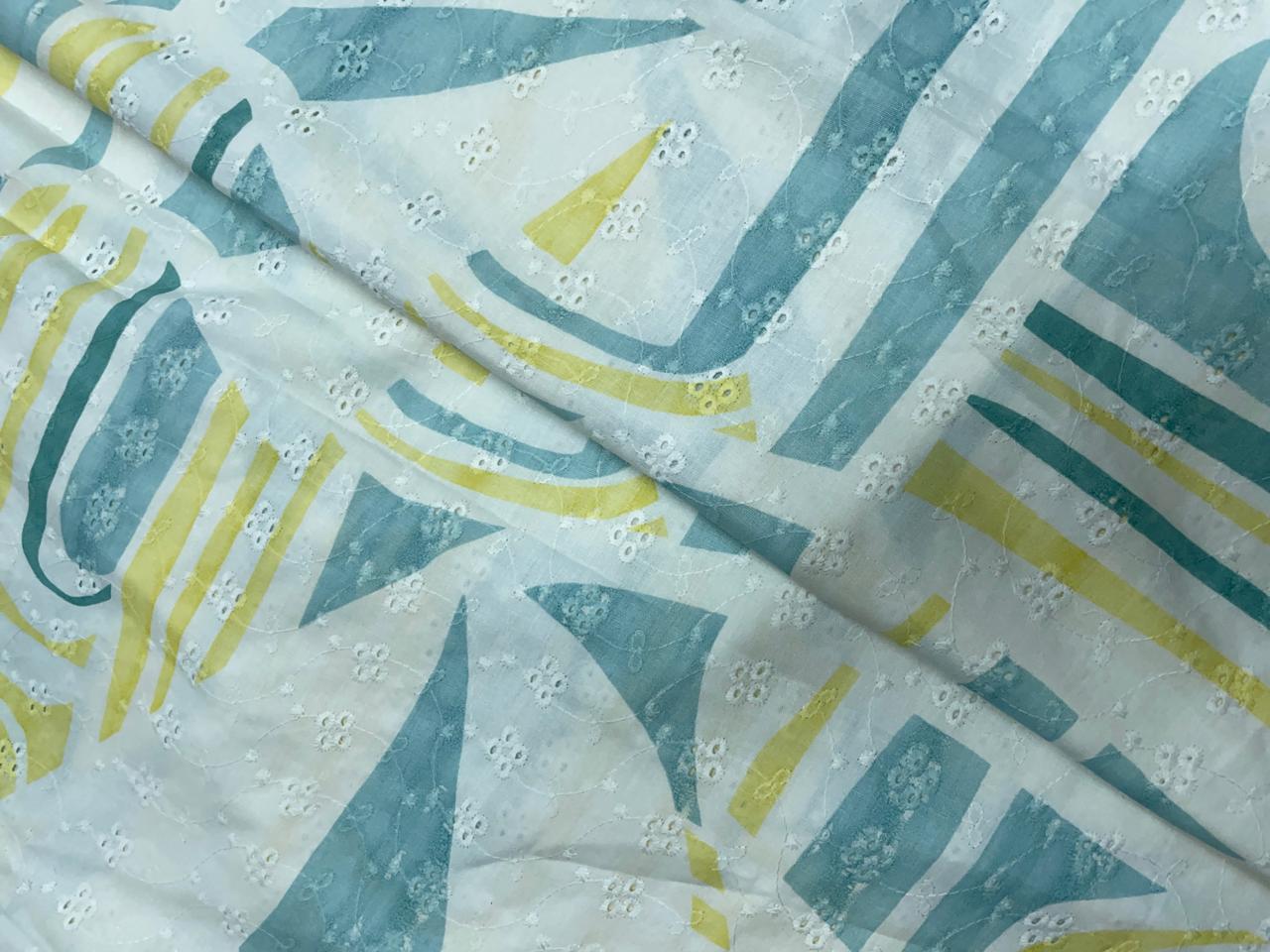 Sea Green Abstract Cotton Hakoba Chikan Fabric - Kapda Shop
