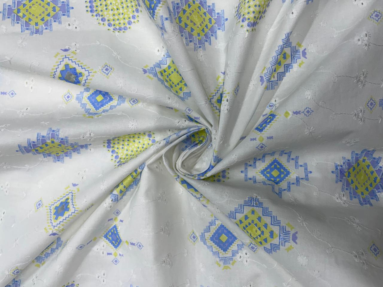 White & Blue Abstract Cotton Hakoba Chikan Fabric - Kapda Shop