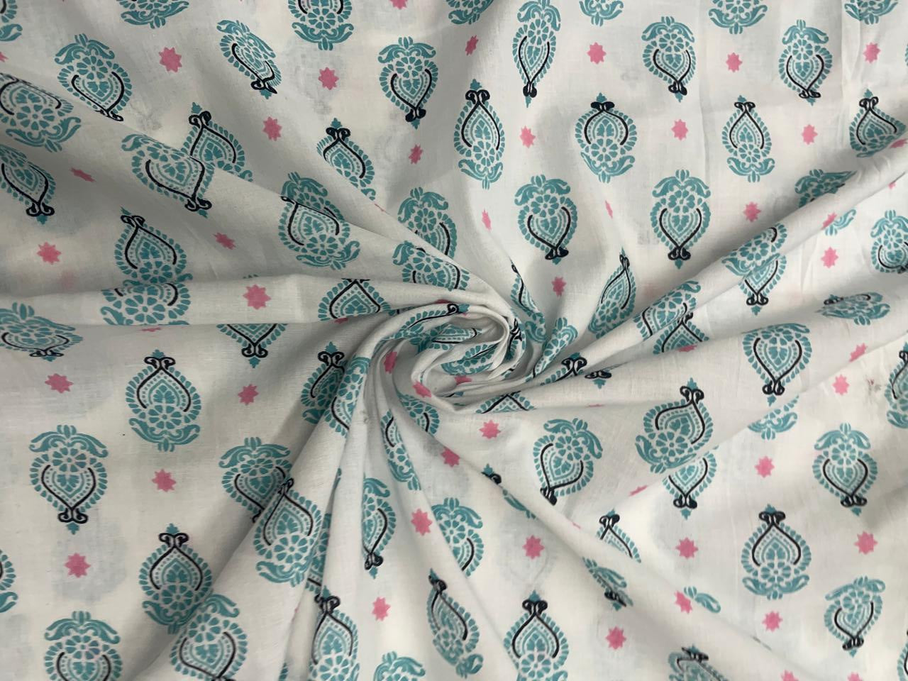 Sky Blue & White Abstract Cotton Fabric - Kapda Shop