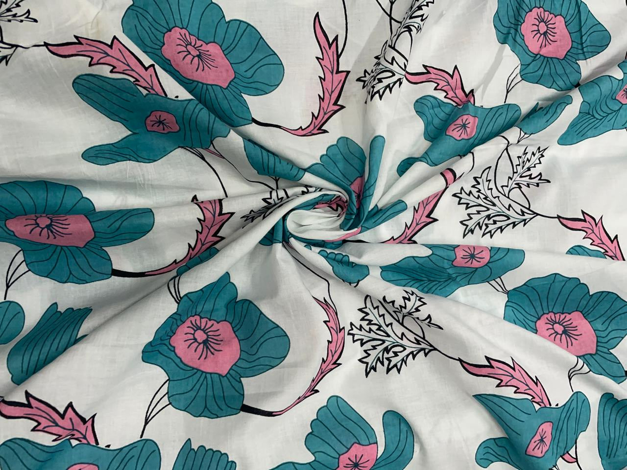 Sky Blue & White Floral Cotton Fabric - Kapda Shop