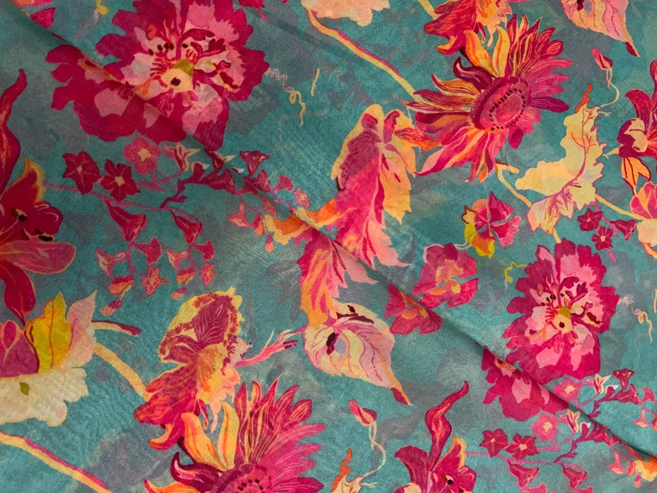 Grey & Magenta Floral Viscose Organza Fabric - Kapda Shop