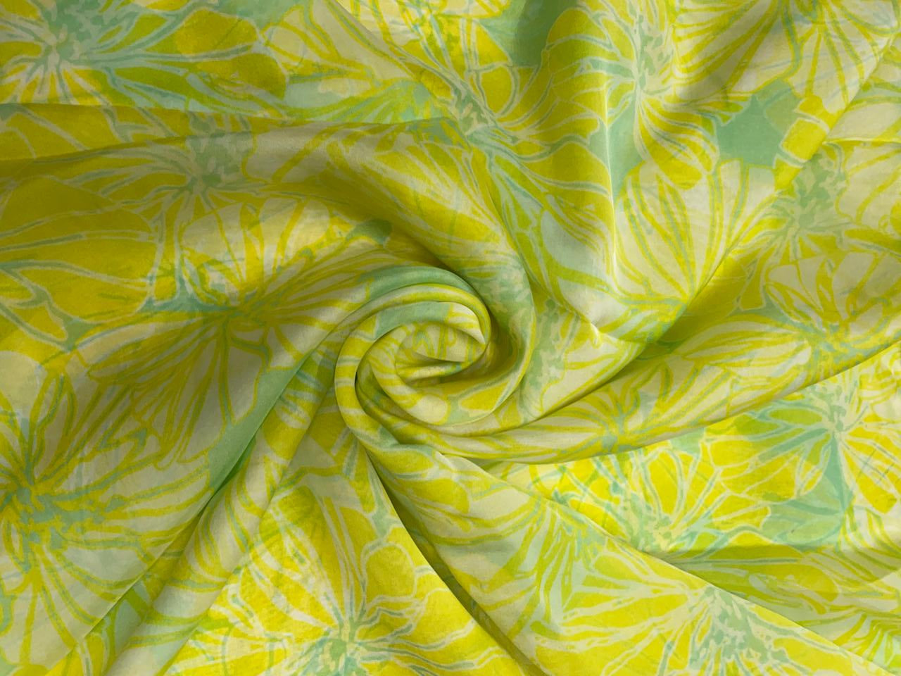 Lemon Yellow Floral Viscose Organza Fabric - Kapda Shop
