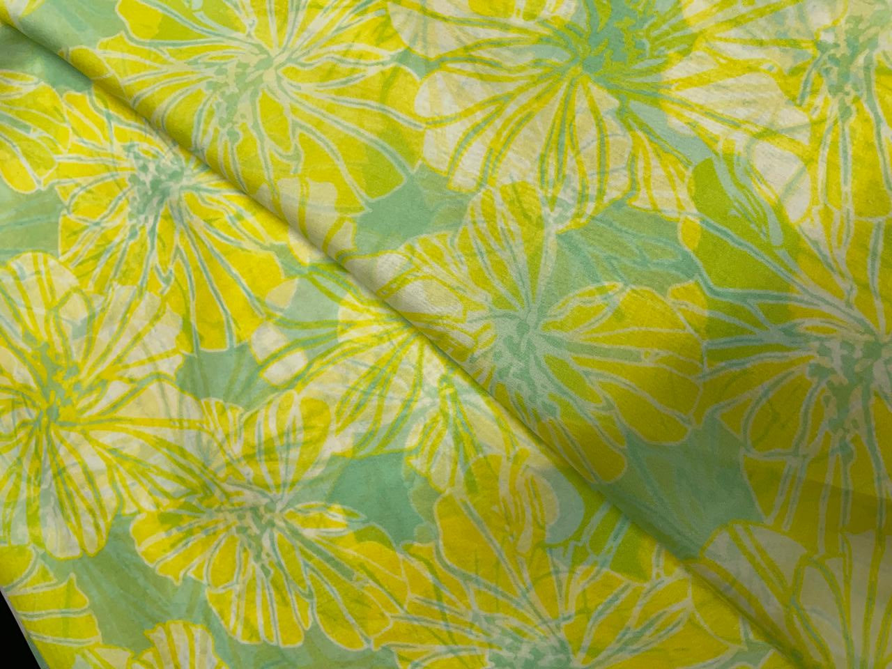 Lemon Yellow Floral Viscose Organza Fabric - Kapda Shop