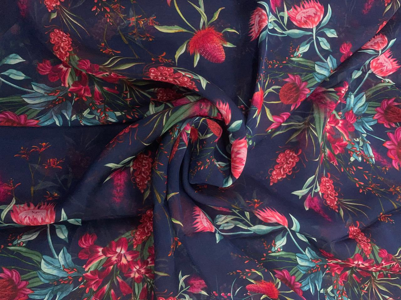Navy Blue & Red Floral Viscose Organza Fabric - Kapda Shop