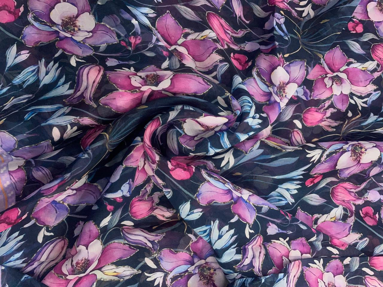 Navy Blue Floral Viscose Organza Fabric - Kapda Shop
