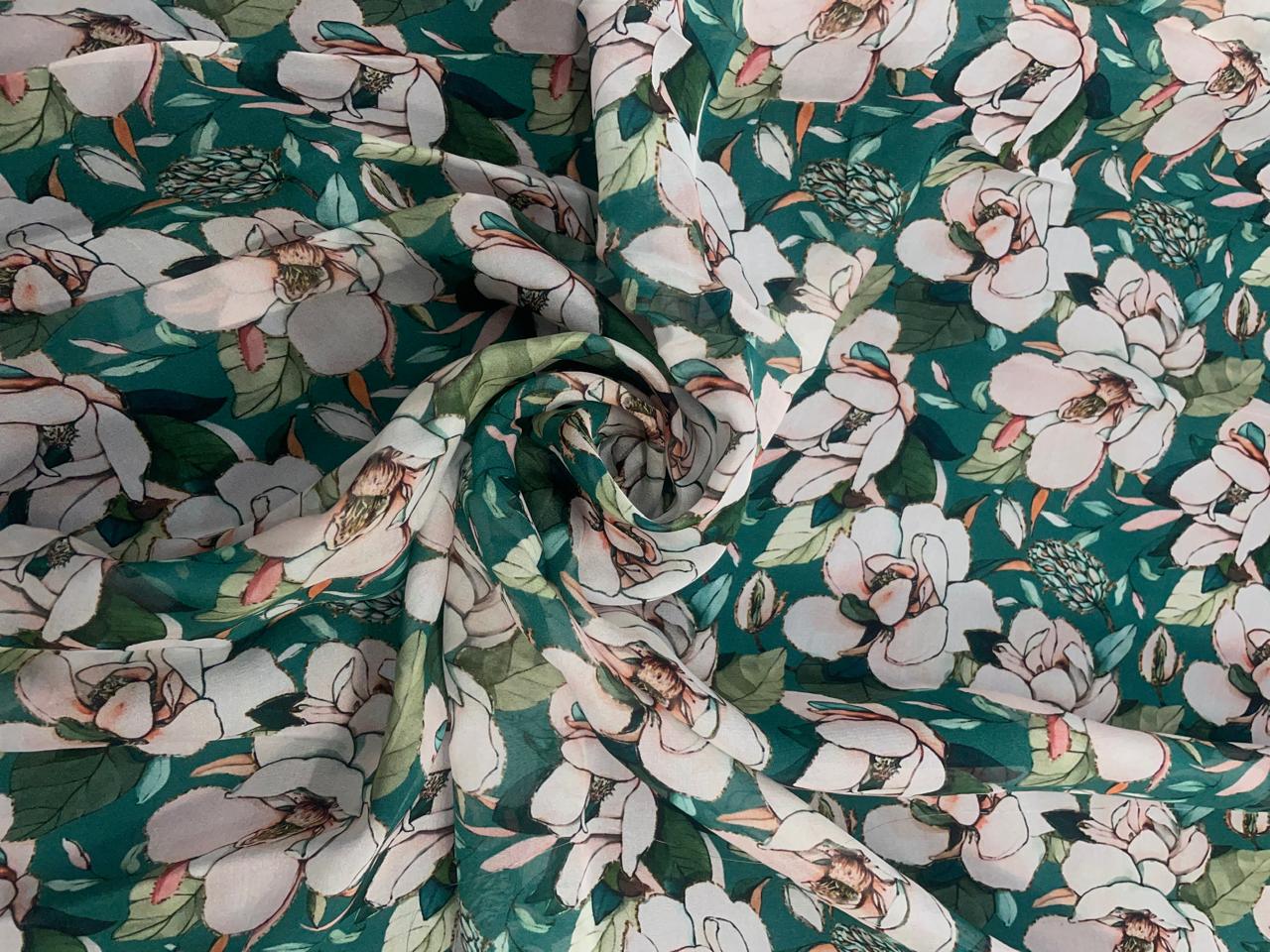 Rama Green & White Floral Viscose Organza Fabric - Kapda Shop