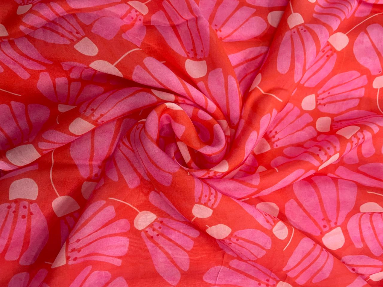 Orange & Pink Floral Viscose Organza Fabric - Kapda Shop