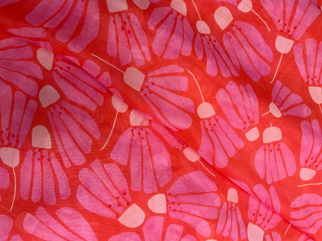 Orange & Pink Floral Viscose Organza Fabric - Kapda Shop