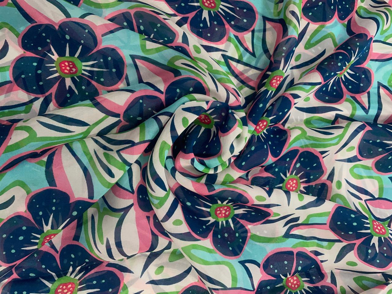 White & Blue Floral Viscose Organza Fabric - Kapda Shop