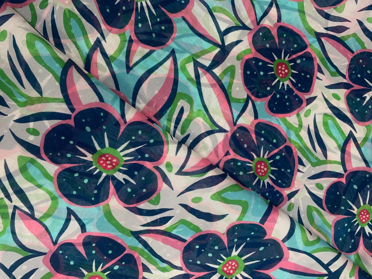 White & Blue Floral Viscose Organza Fabric - Kapda Shop