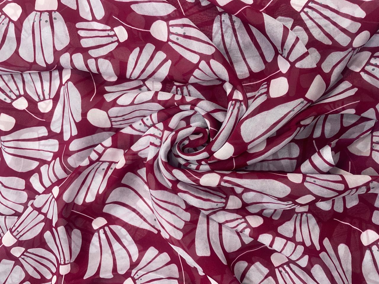 Wine & White Abstract Viscose Organza Fabric - Kapda Shop