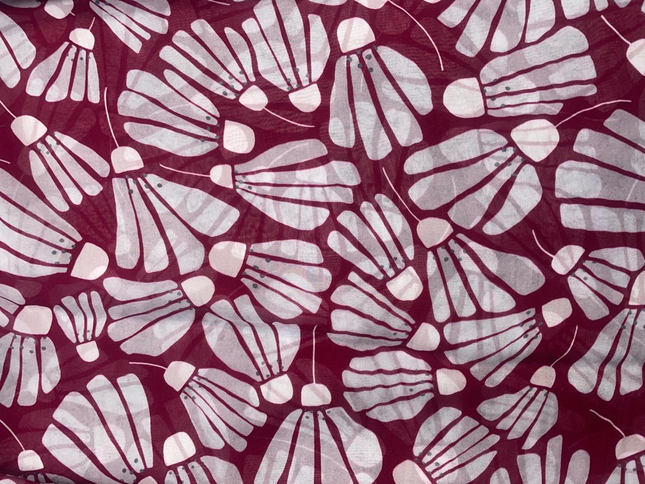 Wine & White Abstract Viscose Organza Fabric - Kapda Shop