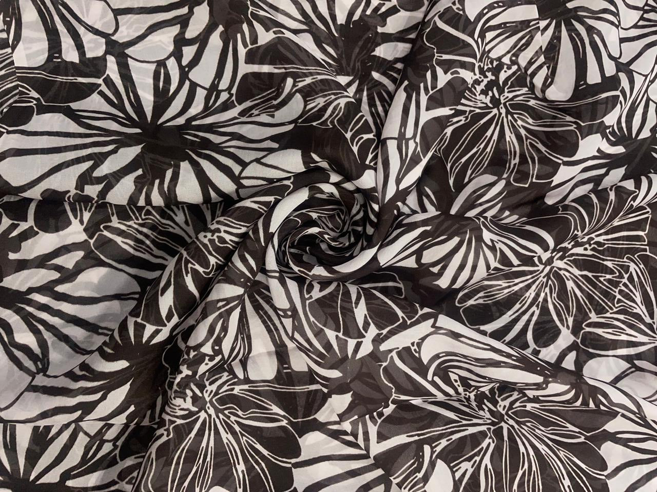Dark Brown & White Abstract Viscose Organza Fabric - Kapda Shop