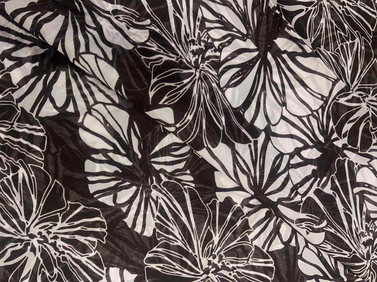 Dark Brown & White Abstract Viscose Organza Fabric - Kapda Shop