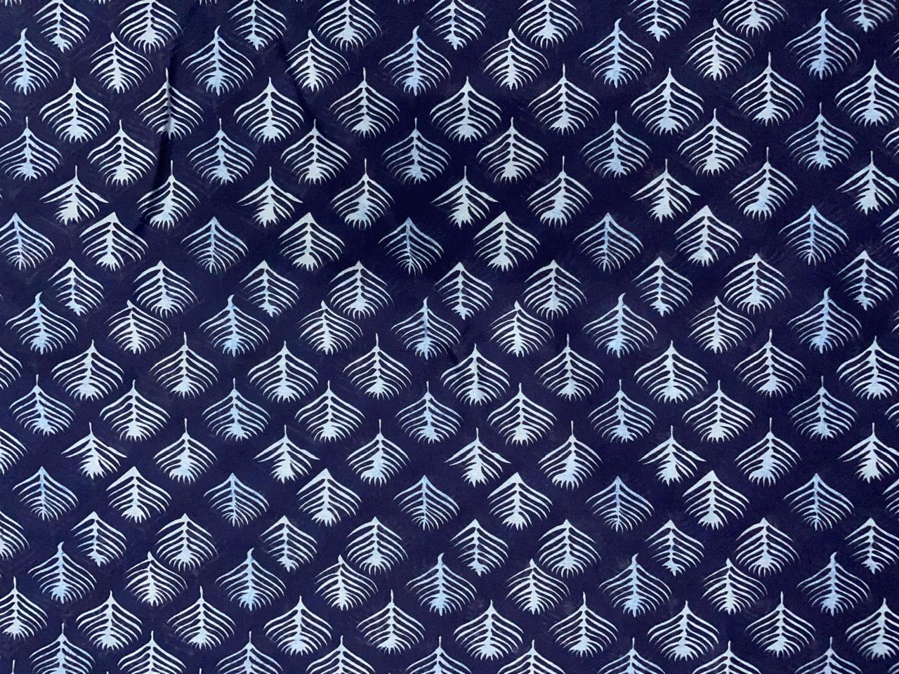 Navy Blue Leaves Chandei Fabric - Kapda Shop