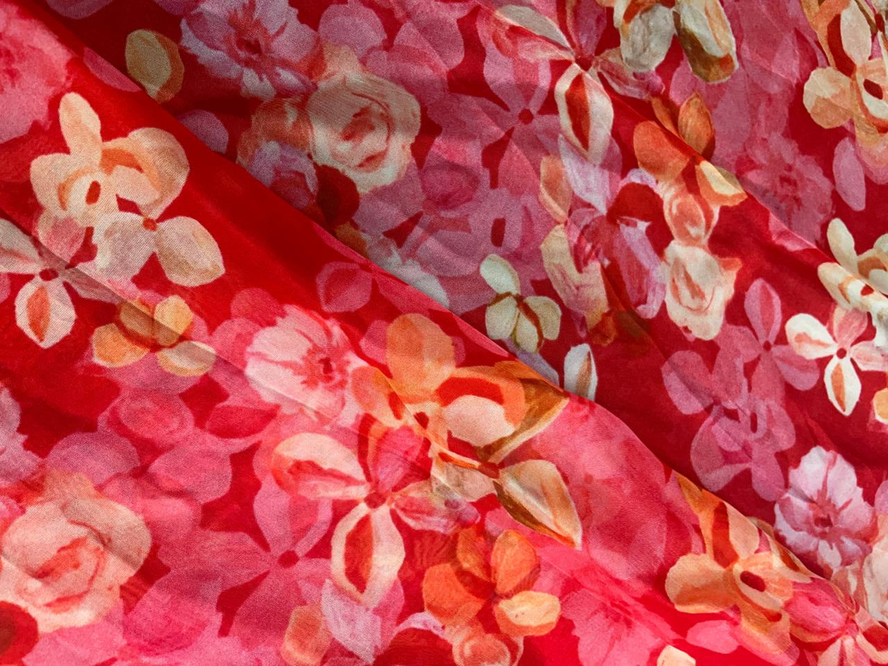 Red Floral Viscose Organza Fabric - Kapda Shop