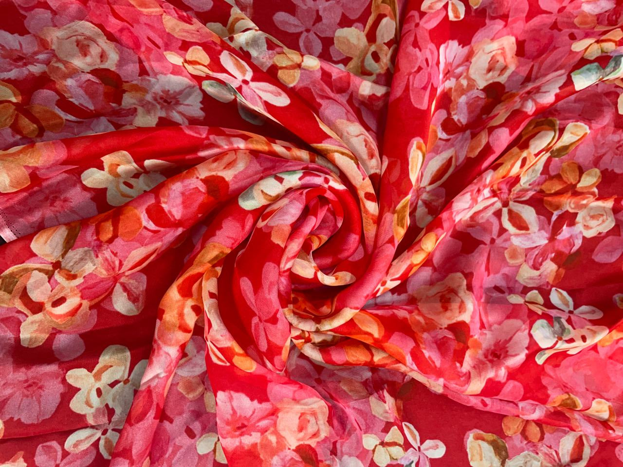 Red Floral Viscose Organza Fabric - Kapda Shop