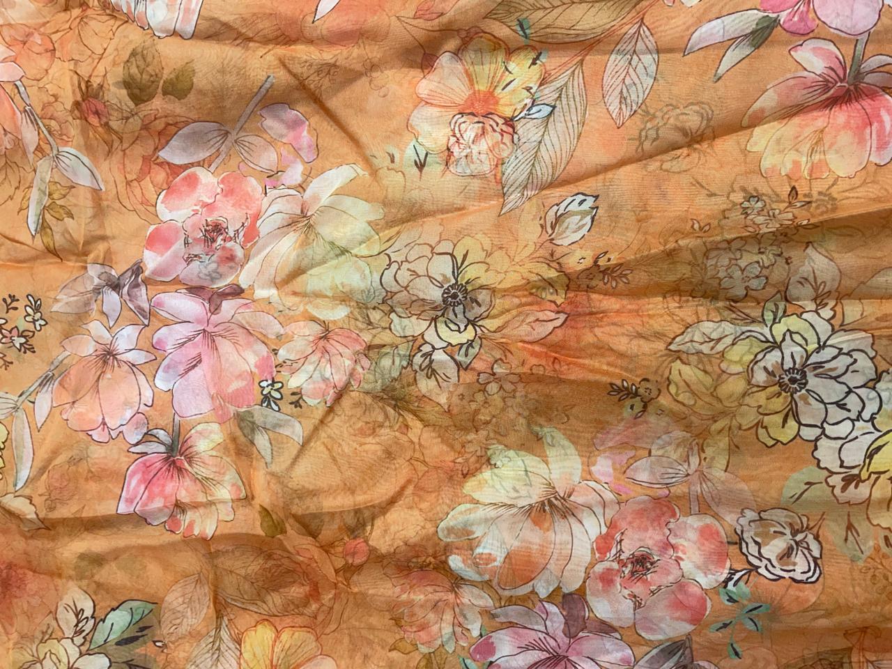 Orange Floral Viscose Organza Fabric - Kapda Shop