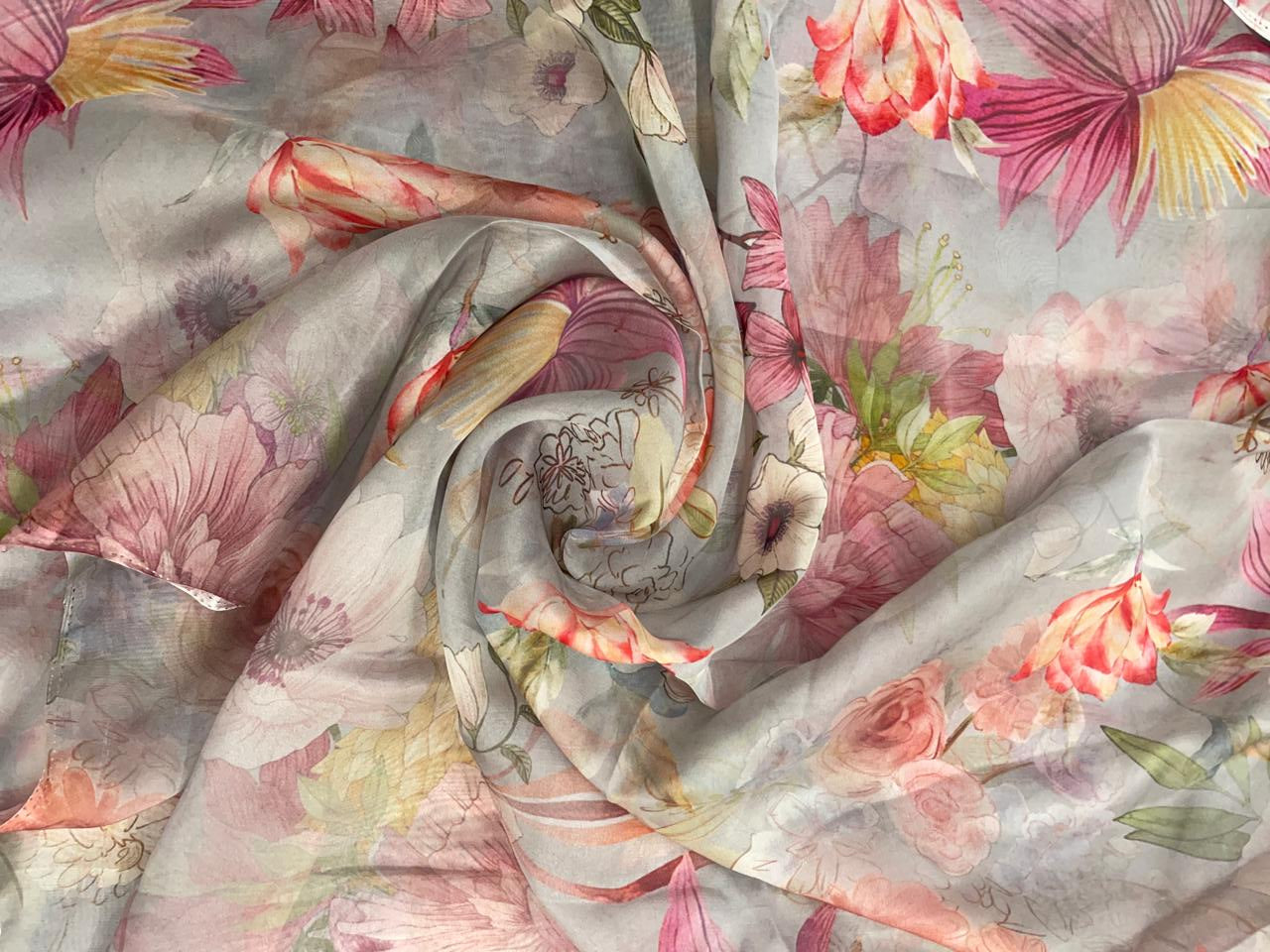 Grey Multicolor Floral Viscose Organza Fabric - Kapda Shop