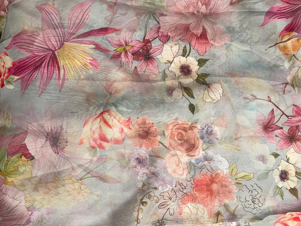 Grey Multicolor Floral Viscose Organza Fabric - Kapda Shop