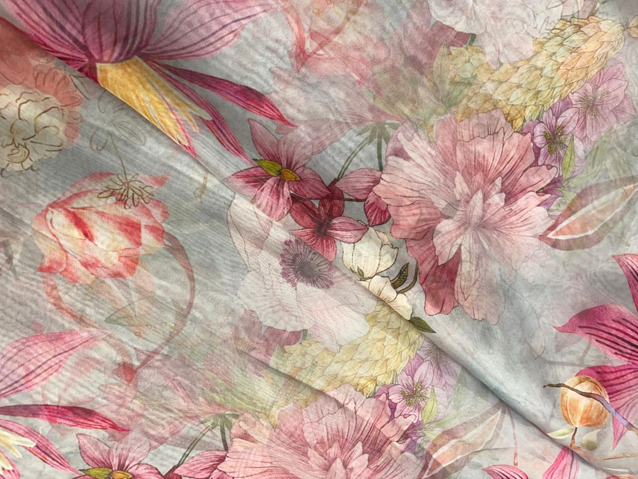 Grey Multicolor Floral Viscose Organza Fabric - Kapda Shop