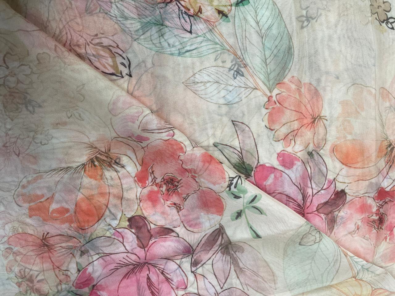 Peach Multicolor Floral Viscose Organza Fabric - Kapda Shop