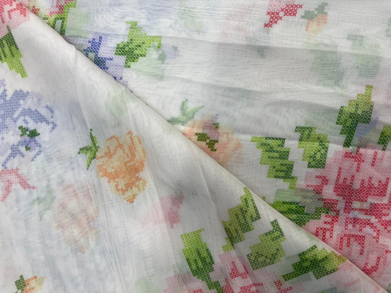 White Multicolor Abstract Viscose Organza - Kapda Shop