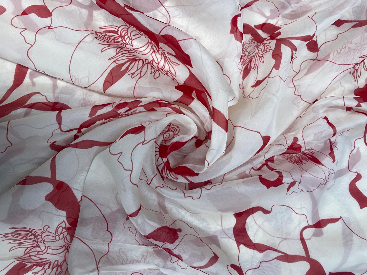 Off White & Red Floral Viscose Organza Fabric - Kapda Shop