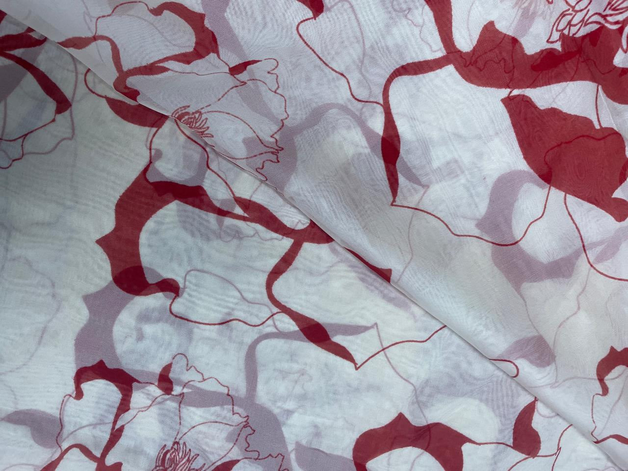 Off White & Red Floral Viscose Organza Fabric - Kapda Shop