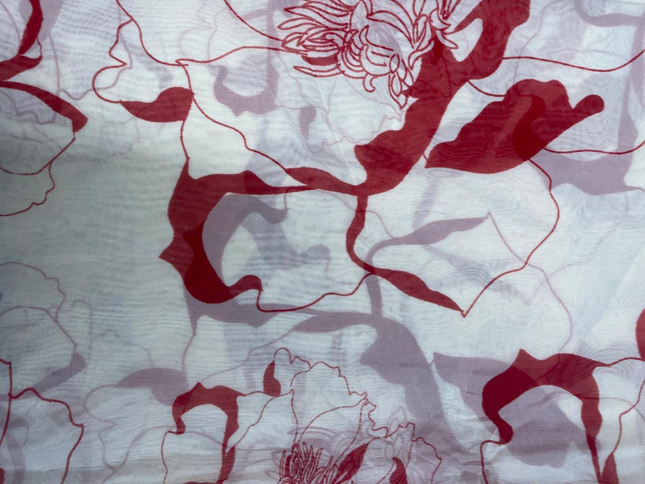 Off White & Red Floral Viscose Organza Fabric - Kapda Shop