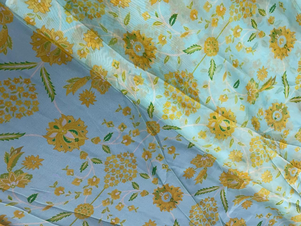 Sea Green Yellow Floral Viscose Organza Fabric - Kapda Shop