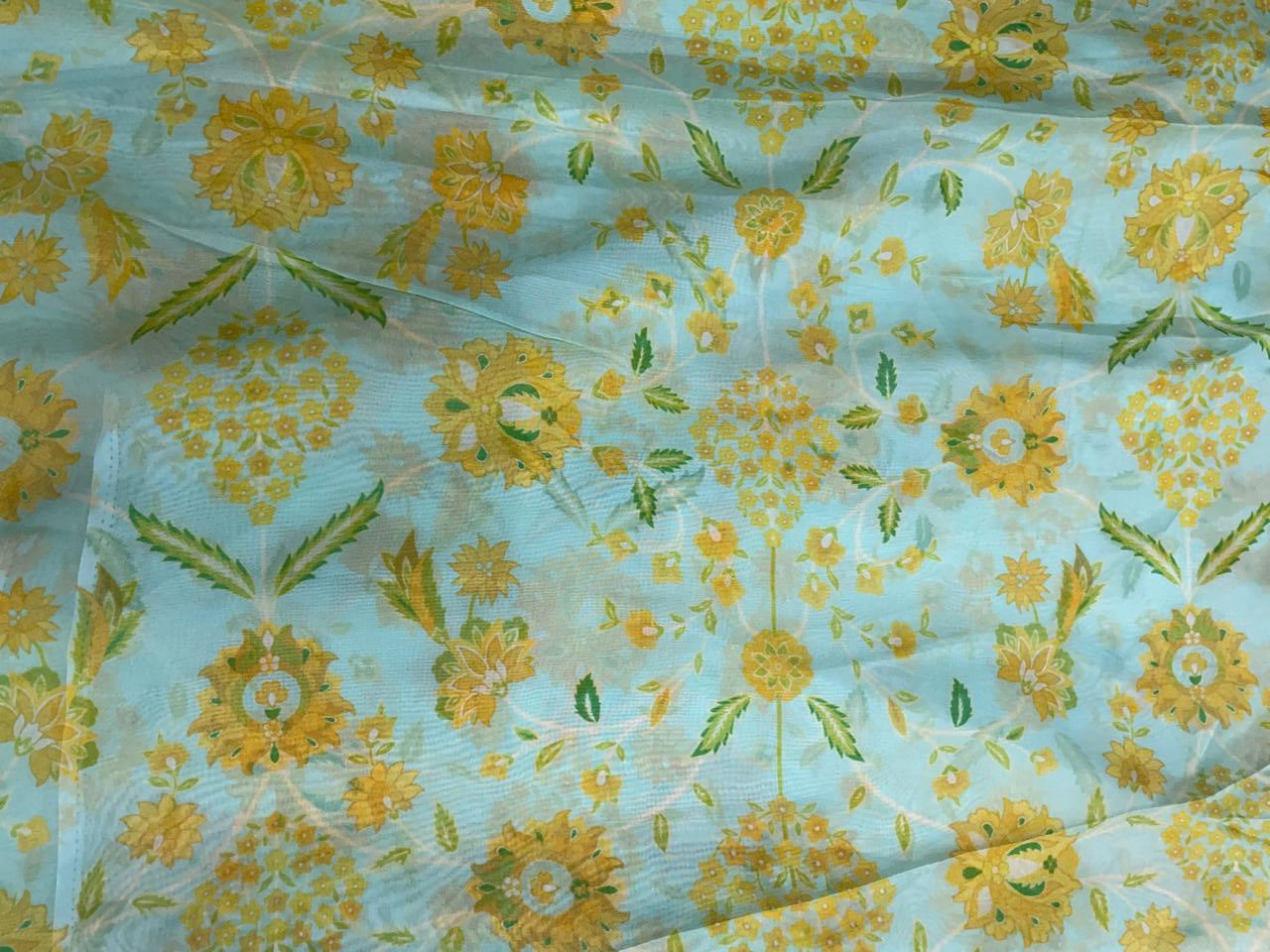 Sea Green Yellow Floral Viscose Organza Fabric - Kapda Shop