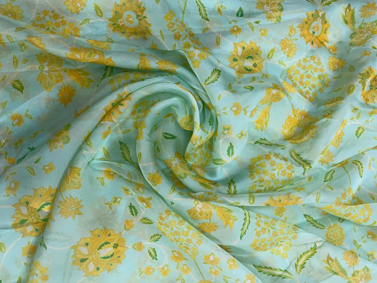 Sea Green Yellow Floral Viscose Organza Fabric - Kapda Shop