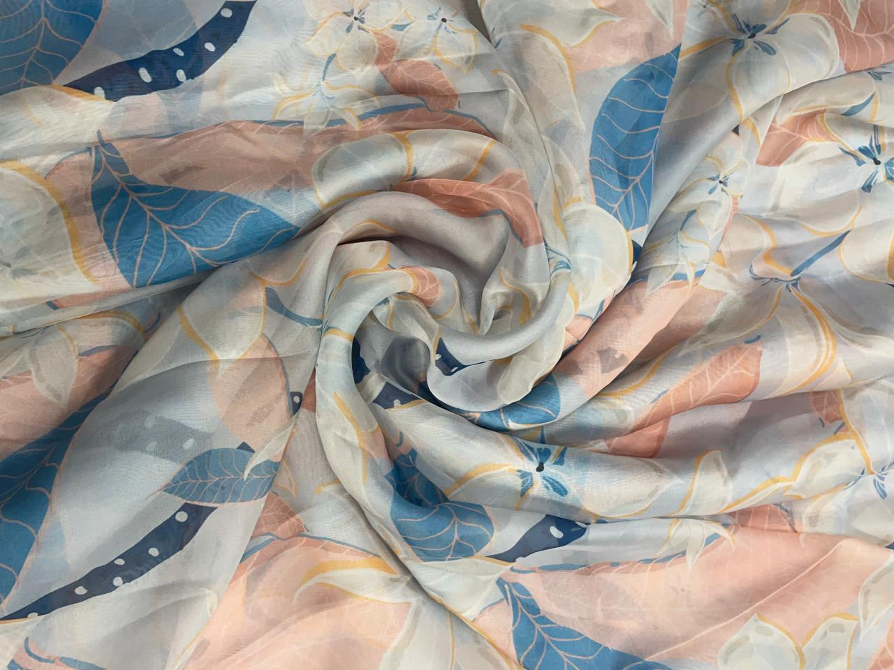Greysblue Leaves Viscose Organza Fabric - Kapda Shop