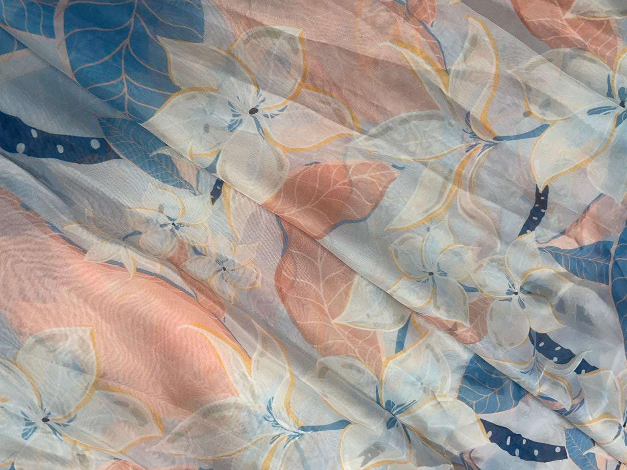 Greysblue Leaves Viscose Organza Fabric - Kapda Shop